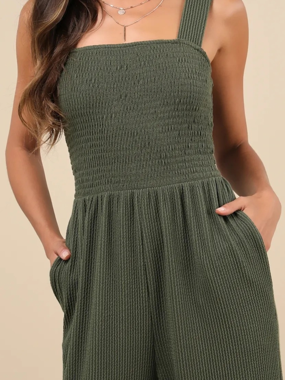 Lulu's Olive Green Smocked Ribbed Jumpsuit - Picture 2 of 7